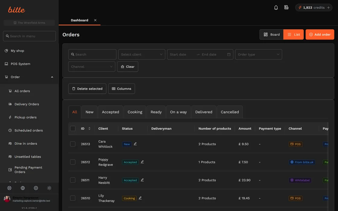 The live orders board in Bitte, showing incoming orders with their items, channel and status