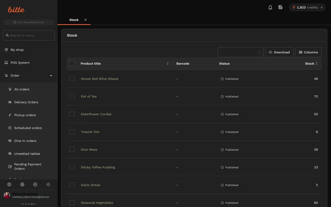 Stock levels in the Bitte dashboard, with each ingredient's remaining quantity and the items that are running low
