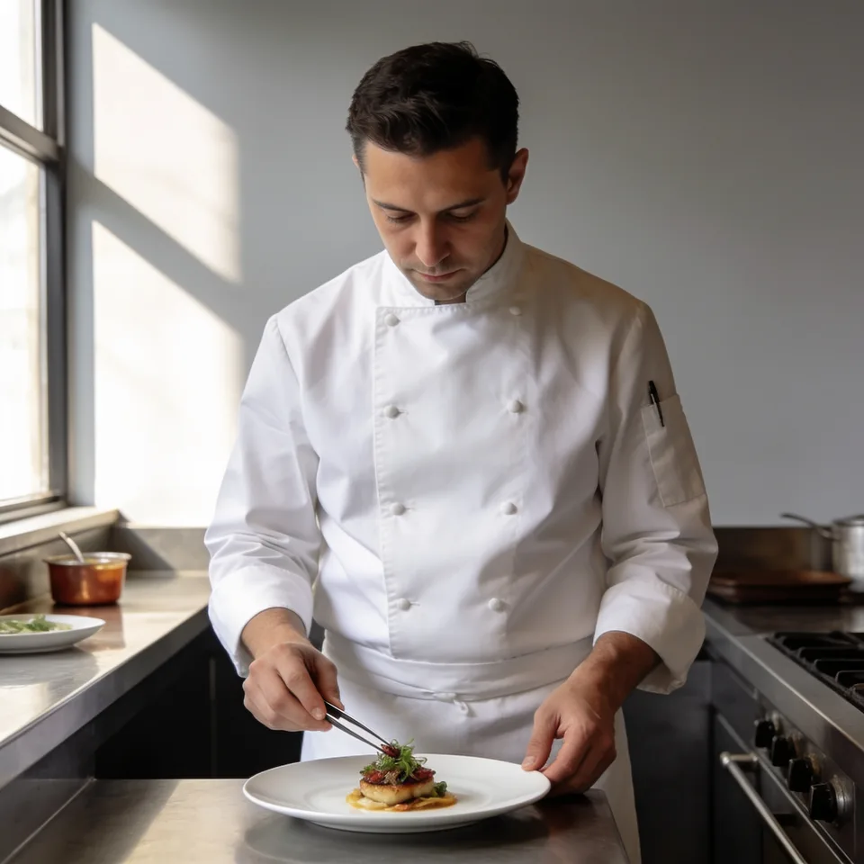 A chef in a white jacket plating a dish with tweezers at a kitchen counter